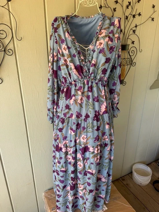 Floral V-Neck Long Sleeve Maxi Dress - Blue with Pink & Purple Flowers XXL - Picture 9 of 9